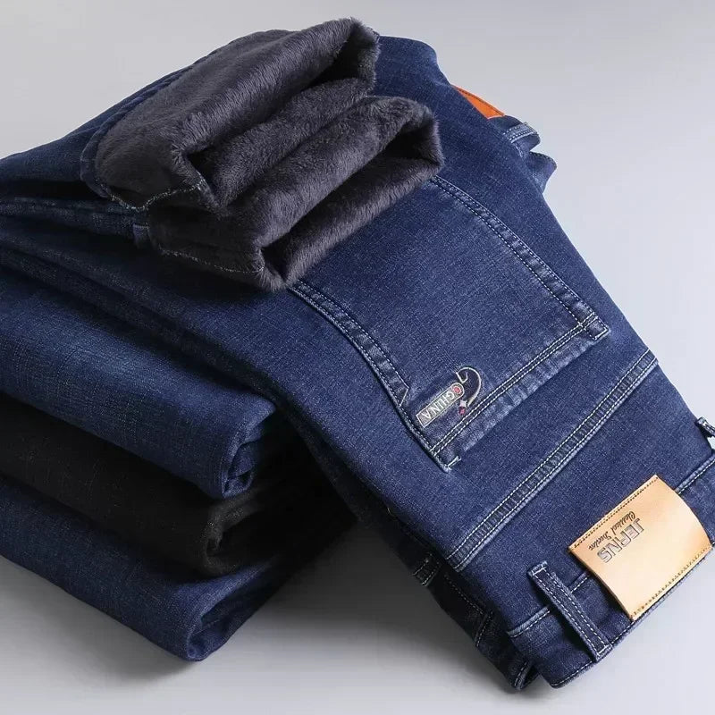 2023 Winter Men Black Blue Straight Stretch Denim Thick Velvet Pants Warm Jeans Casual Fleece Line Trousers Male plus Size