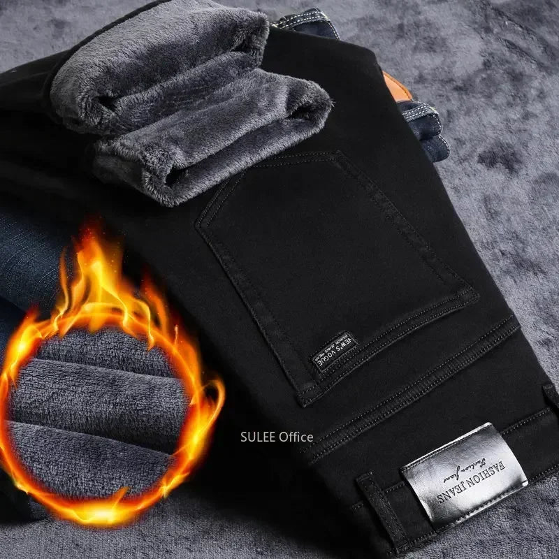 2023 Winter Men Black Blue Straight Stretch Denim Thick Velvet Pants Warm Jeans Casual Fleece Line Trousers Male plus Size